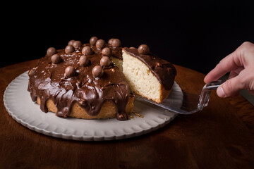 Homemade chocolate cake decorated with chocolate balls