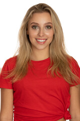 Fototapeta premium Portrait of a cute teenage girl in red tshirt over white
