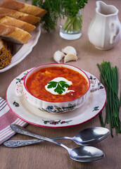 Borscht soup with sour cream