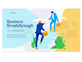 Business breakthrough banner template. Colleagues partners climbing up stairs. Businessman helping another holding out hand. Business success, teamwork, corporate relations flat vector illustration