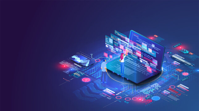 Web coding on laptop. Synchronization work data with cloud storage. Concept script coding and programming in php, python, javascript, other languages. Software developers. Website design optimization