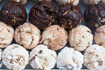 Traditional Rothenburg Schneeball sweet pastry in many varieties