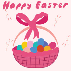 Easter Basket With Colorful Eggs, vector flat illustration