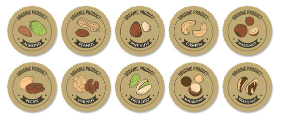 Packaging label for nuts. Vector set of round stickers. Craft paper, sketch colored illustrations of different nuts. 12 different nut stickers and labels Organic product and Nut name
