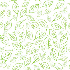 Seamless leaves pattern. Floral ornament of green leaves randomly scattered. For labels, packaging or fabric.