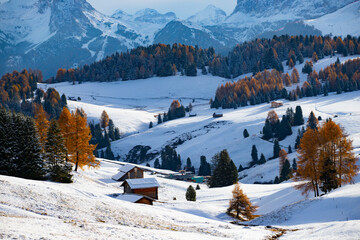 Fototapeta na wymiar Amazing winter landscape at sunset in Alpe di Siusi, Dolomites, Italy - winter holidays destination