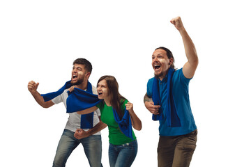 Teamwork and win. Female and male soccer fans cheering for favourite sport team with bright...