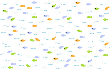 Seamless pattern with fish. Colorful fish swim in flocks in the river. Use for background or printing on fabric. Vector cartoon Illustration.
