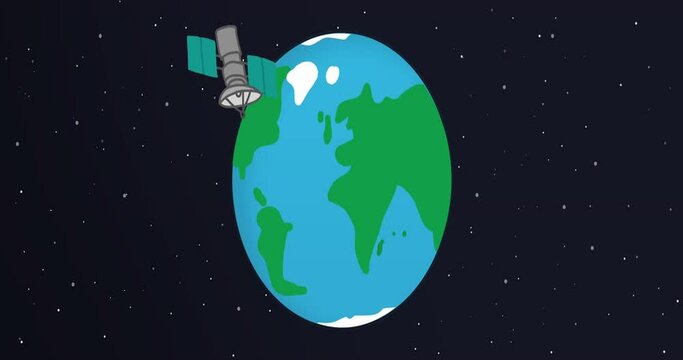 Cartoon Planet Earth spinning, orbital satelitte flies by, animation