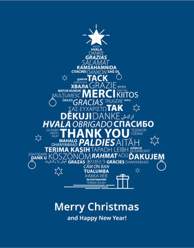 Merry Christmas and Happy New Year concept greeting card. Thank you in different languages word cloud.