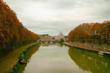 Dome of St. Peter's Basilica Vatican City. Panoramic cityscape. View from the Bridge Sant'Angelo....