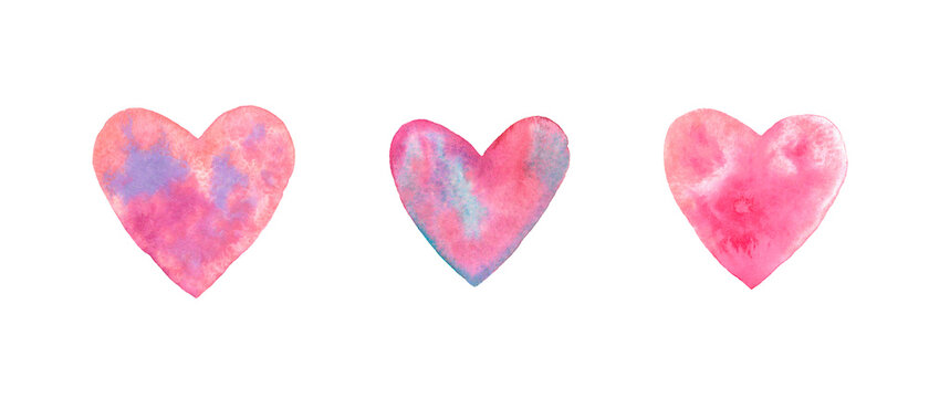 set of watercolor hearts pink red