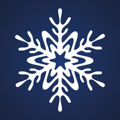 Snowflake. Festive ornament. Vector illustration. Isolated blue background. Flat style. A fragile crystal of intricate shape. Frostwork. Snow flakes. Frozen star. Arctic icon. New Year and Christmas.