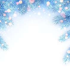 Fototapeta na wymiar Frozen light blue spruce branches with sparkle lights.