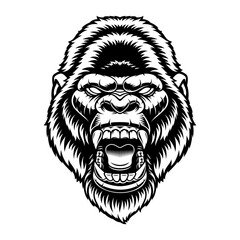 A black and white vector illustration of a gorilla head, isolated on white background. © Harry Kasyanov