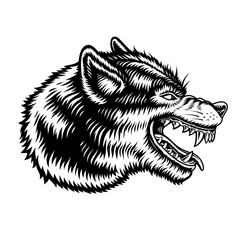 A black and white vector illustration of a wolf isolated on white background.