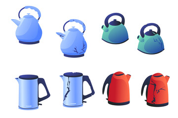 Set of illustrations of a modern teapot, broken kitchen appliances on a white background. A kettle for boiling water with cracks and a worn texture.