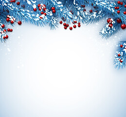 Fototapeta na wymiar Blue christmas background with red berries.