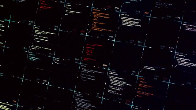 Blocks of abstract program code are being written and moved inside the virtual space. Animation. A modern computer code with running lines, work of artificial intelligence.