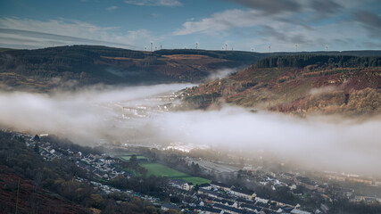A cloud inversion across the South Wales Rhondda Valley, in the autumn