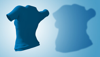 Conceptual fat overweight obese shadow female blouse outfit vs slim fit healthy body after weight loss or diet thin young woman on blue. A fitness, nutrition or obesity health shape 3D illustration