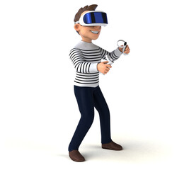 Fun 3D illustration of a cartoon man with a VR helmet