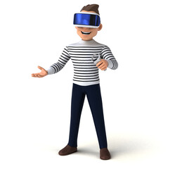 Fun 3D illustration of a cartoon man with a VR helmet