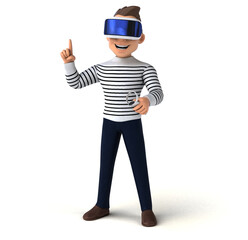 Fun 3D illustration of a cartoon man with a VR helmet