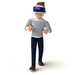 Fun 3D illustration of a cartoon man with a VR helmet