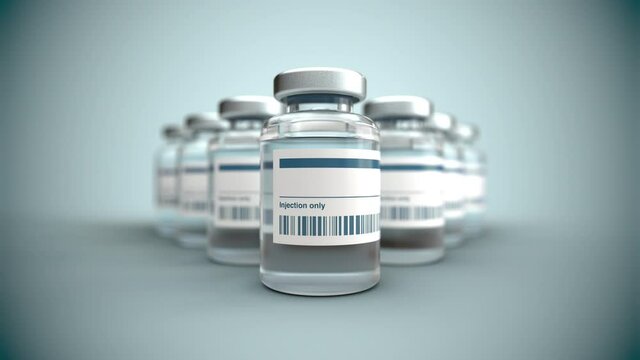 Photo-real 3D render of vaccine vials slowly drifting into focus, with barcode on label.