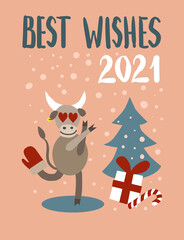 greeting card with happy ney year, best wishes, 2021, bull, tree, gifts and hearts