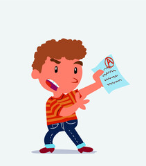 cartoon character of little boy on jeans arguing effusively with exam in hand