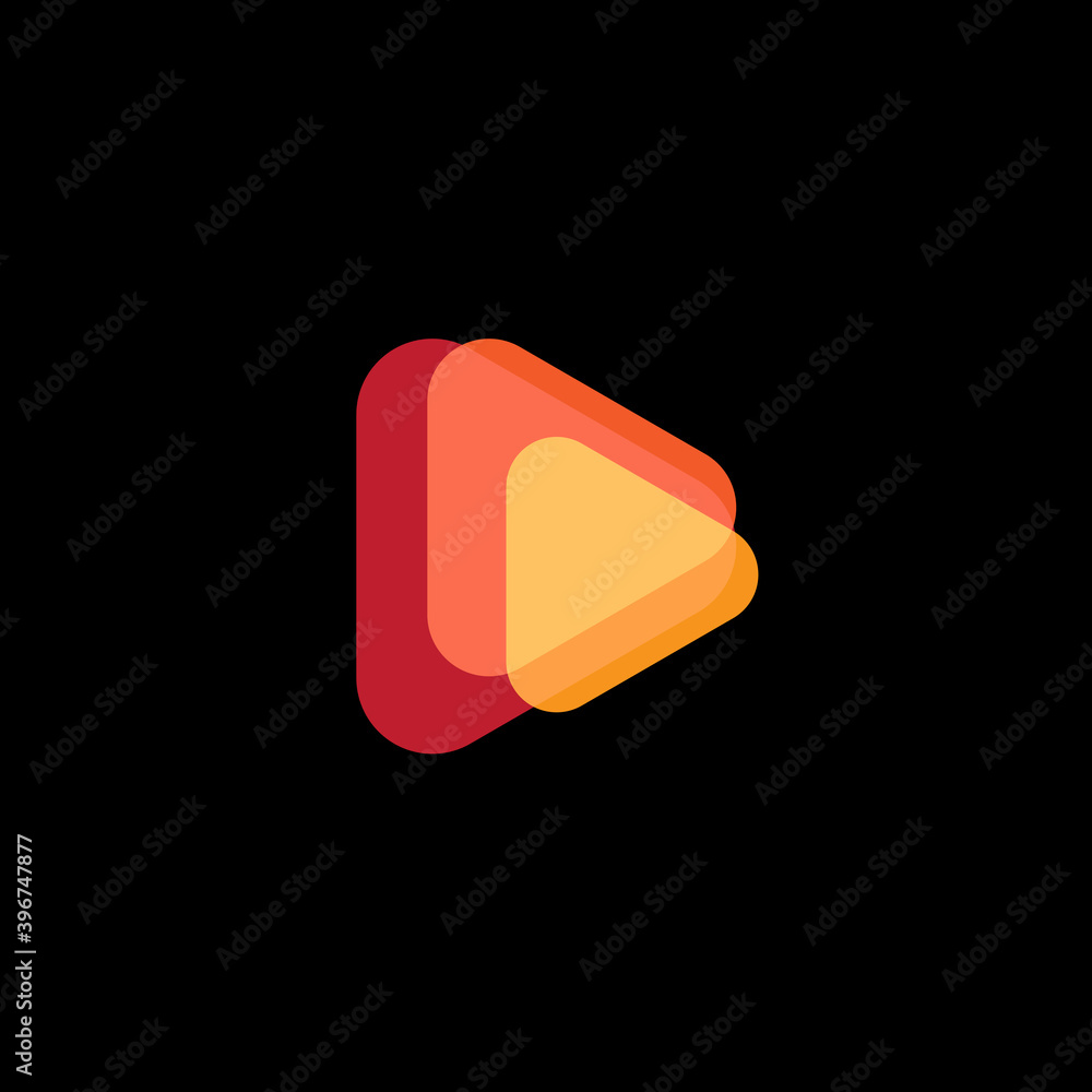 Aufkleber Play icon. Abstract triangle button. Orange shape gradient sImple flat abstract logo template. Modern emblem idea. Logotype concept design for media. Isolated vector illustration