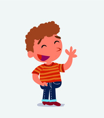 cartoon character of little boy on jeans waving informally while smiling
