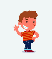  cartoon character of little boy on jeans waving while smiling
