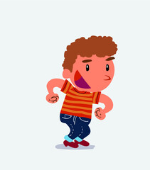 Euphoric cartoon character of little boy on jeans makes plans