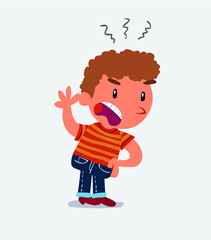  Indigned cartoon character of little boy on jeans vehemently shakes his hand.