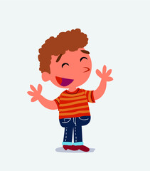 : Pleased cartoon character of little boy on jeans explaining something
