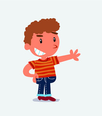  Pleased cartoon character of little boy on jeans points to something