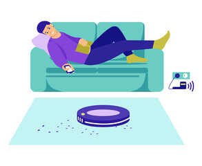Obraz premium A young man lies on the couch, controls the robot vacuum cleaner from the remote control. Modern wireless equipment for cleaning the apartment. Vector illustration in flat style. Isolated on white.
