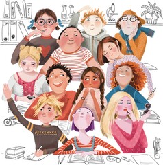 a group of boys and girls - schoolchildren at a lesson in a classroom - hand drawn illustration