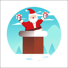 Christmas Santa wit Gift Icon with Mountain Vector Flat Background