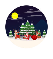 Christmas Santa and Deer Icon with Mountain,moon,and tree Vector Flat Background