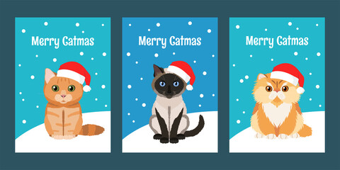 Merry Christmas greeting cards set with lovely cats wearing red Santa hats: persian cat, siamese cat and british cat. Inscription Merry Catmas. Flat vector collection for your design