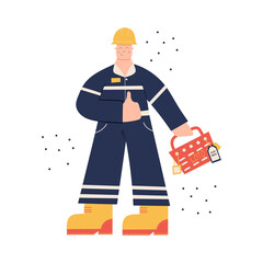 Construction or factory industrial worker wearing hard hat, work clothing and boots. Worker LOTO box, locks; tags. Health and safety at work. PPE. Lock out Tag out