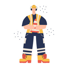 Road Construction or factory worker wearing hard hat, earmuffs, high visibility vest, work clothing and boots. Worker with traffic safety cone. Health and safety at work. PPE
