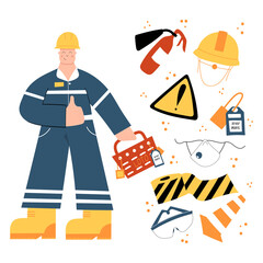 Construction or factory industrial worker wearing hard hat, work clothing and boots. Worker with LOTO box, locks, tags. Safety equipment and PPE clipart with warning tape, danger sign. Lock out Tag ou