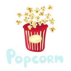 Cute popcorn flying out of striped cardboard box isolated on white background. Littered heap of corn seeds. Movie concept. Flat illustration, doodle style. Cinema design. Kawaii popcorn kernel idea