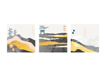 Japanese background with gold foil texture vector. Abstract landscape template with hand drawn wave pattern in vintage style. Asia icon and symbol.