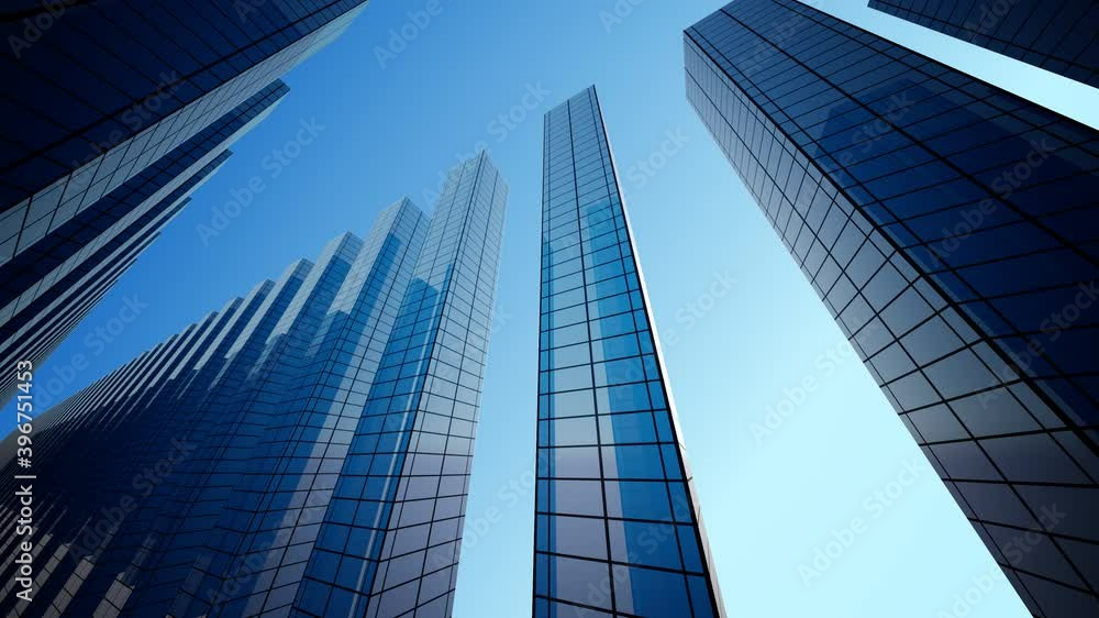 Poster 3d animation of abstract skyscrapers in a row and sun behind. a large continuously habitable buildin